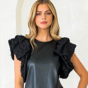 THML Black Leather Flutter Sleeve Top Size Medium